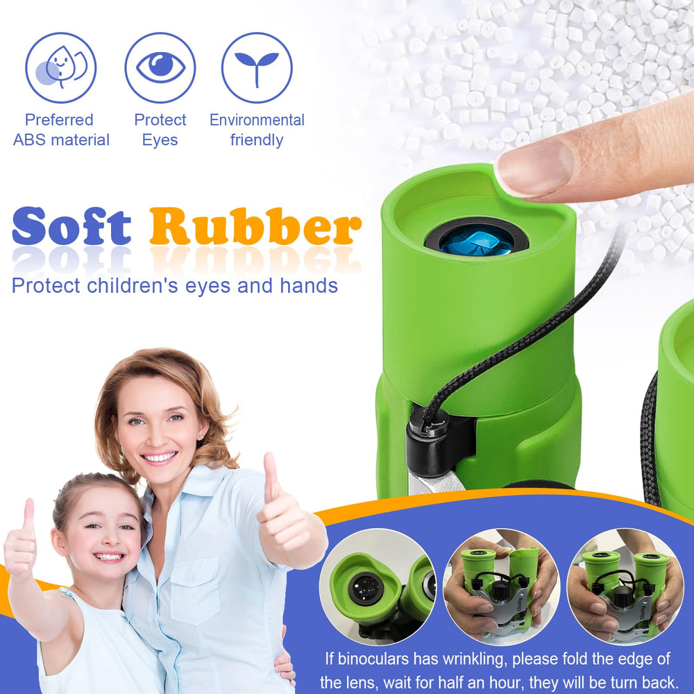 Obuby Binoculars shockproof green body withstands drops during outdoor adventures.