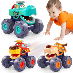 OCATO triple-pack monster trucks front view engages toddlers with vivid colors.