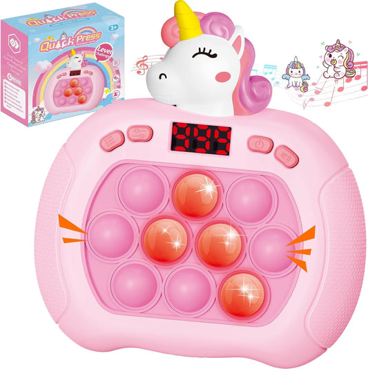OCYGL unicorn pop game close-up, portable fidget toy for calm focus during travel.