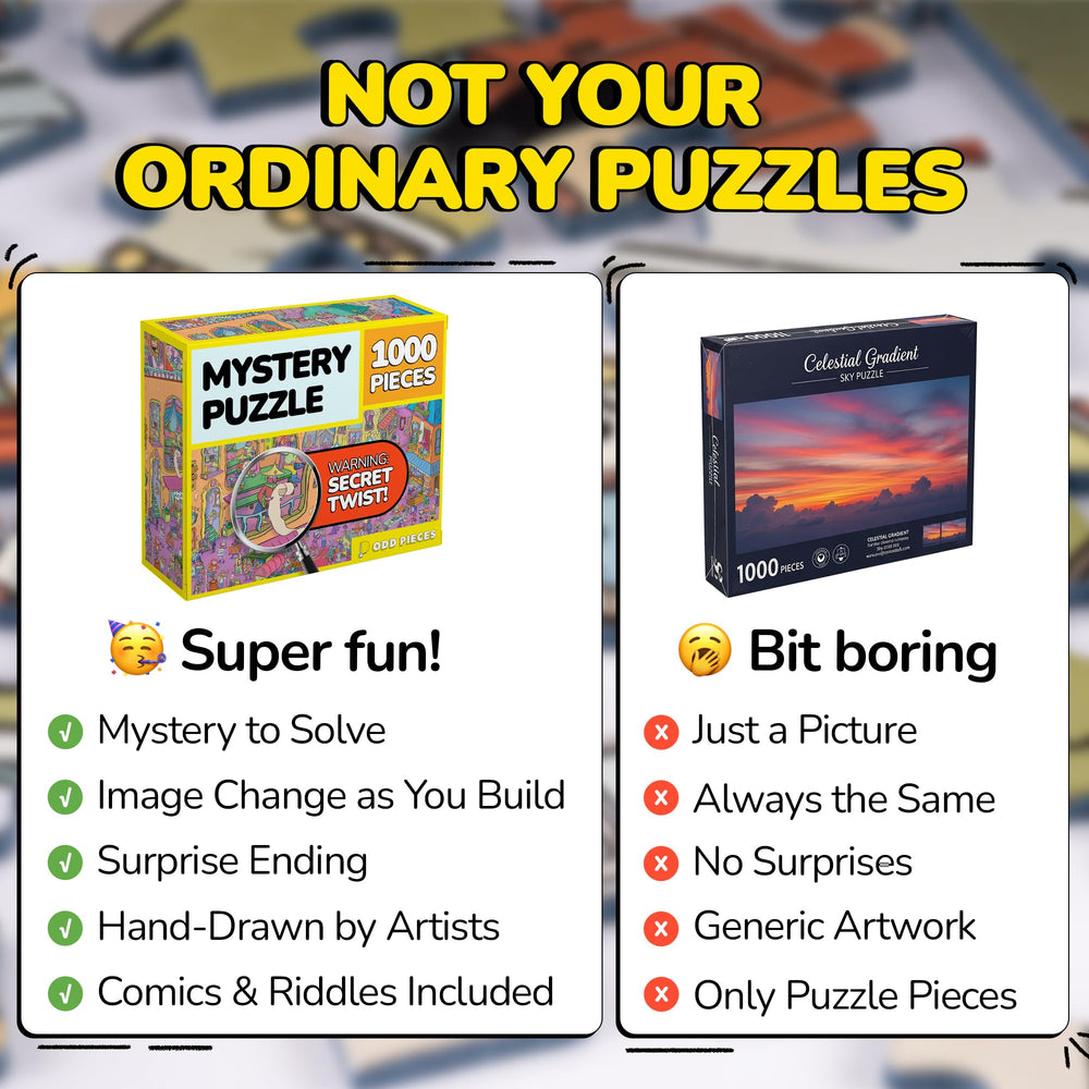 Odd Pieces reference posters included to guide puzzling and planning.