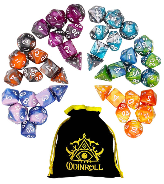 ODINROLL polyhedral dice set overview for RPGs with 42 pieces