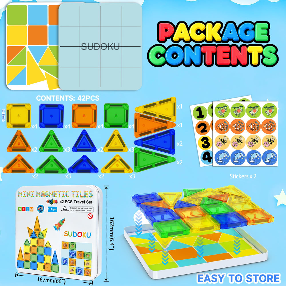 odjas mini magnetic tiles travel set compact case simplifies cleanup after playtime.
