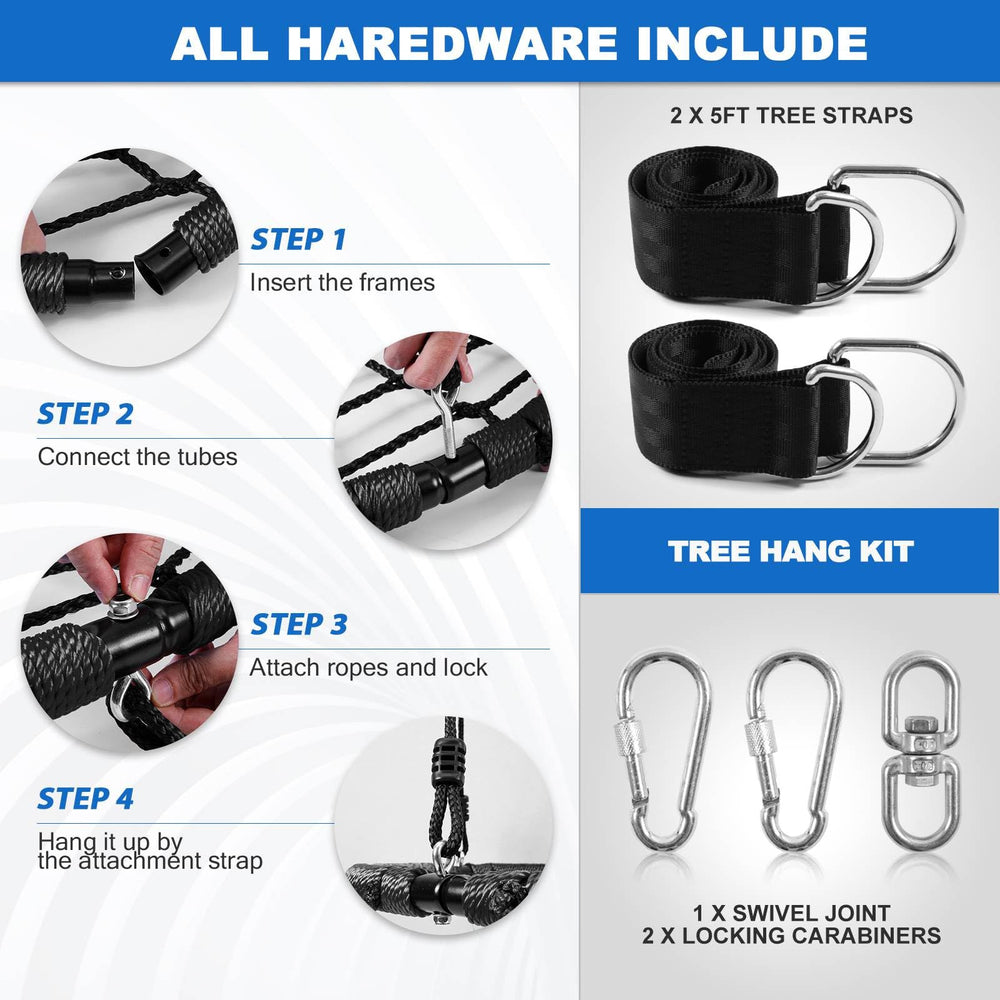 Odoland spider web swing includes two straps and turnbuckle for secure mounting.
