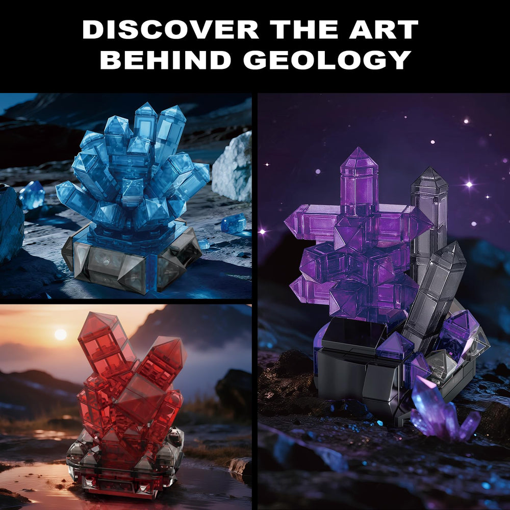Oeasic Geology Crystal Building Set complete collection display showcases six minerals together.