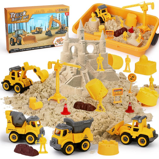 OENUX Play Sand set with four trucks for imaginative building play