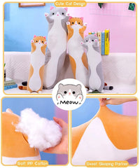 Oeonuas cat plush hugging position demonstrates long cushion support for neck and back