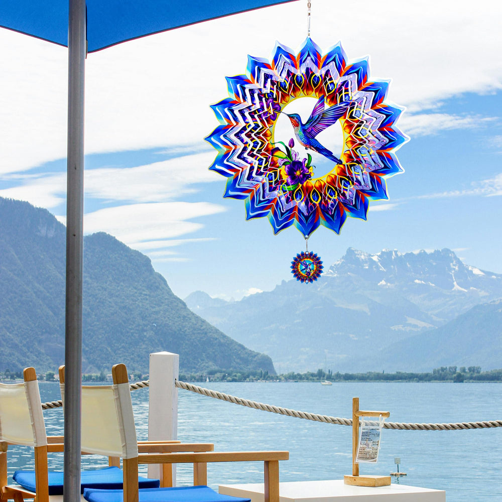 OFEWPAGA hummingbird wind spinner demonstrates 360-degree rotation in wind