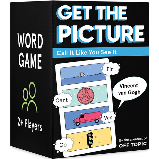 OFF TOPIC Get The Picture card game cover, bright and inviting for quick party gameplay