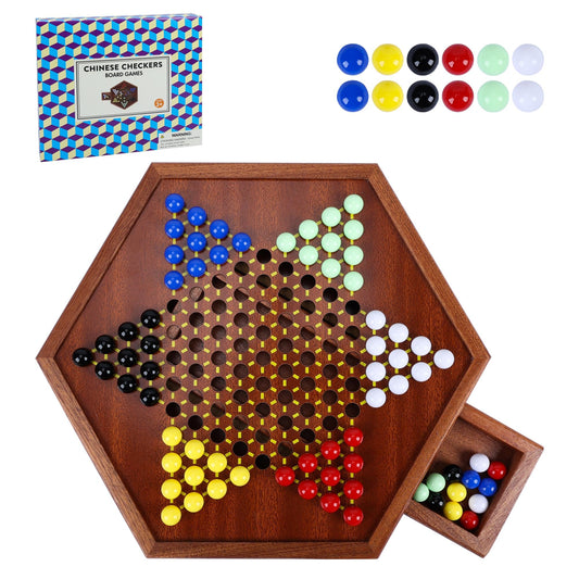 Offelec wooden Chinese Checkers board with drawer for easy setup.