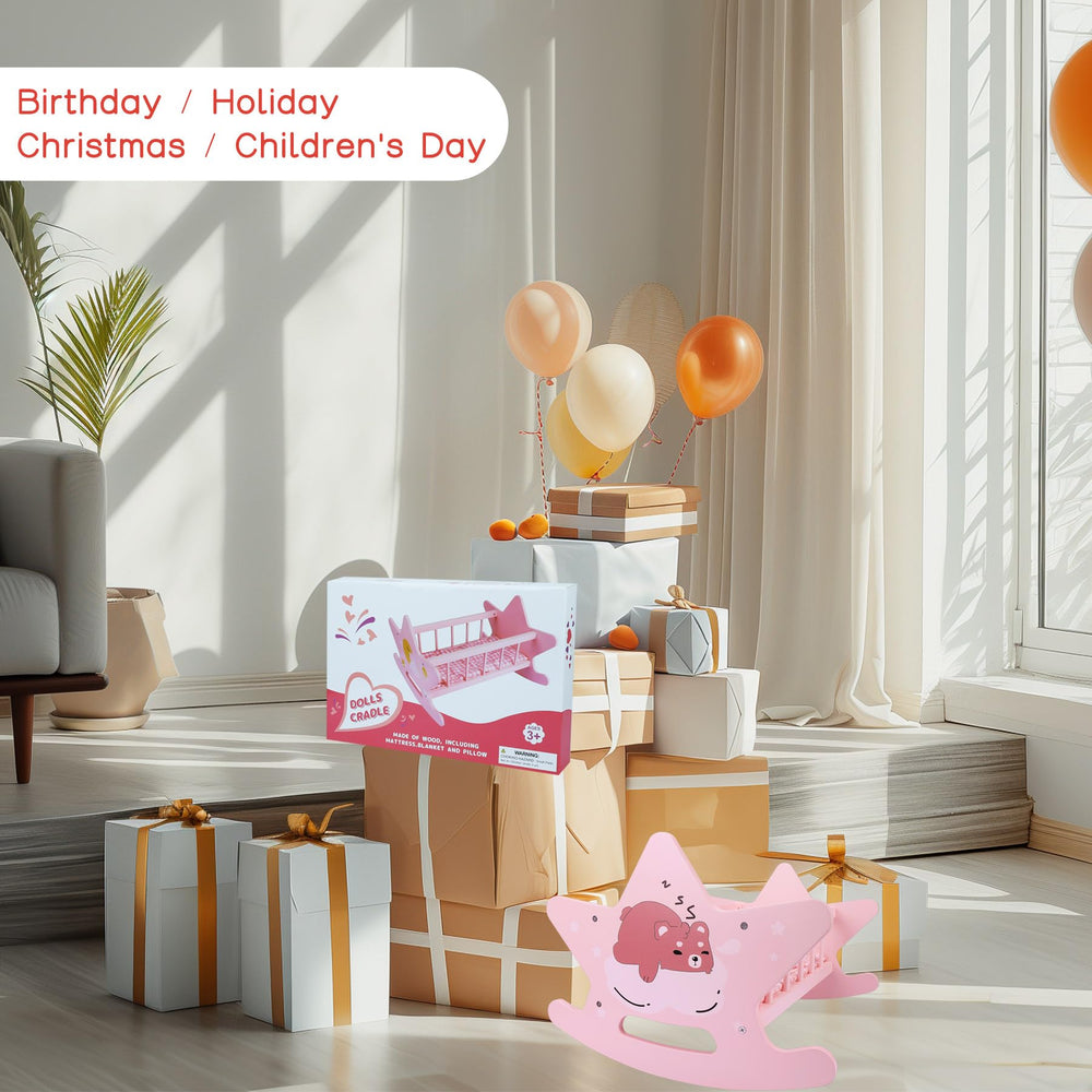 Offelec gift-ready doll cradle in pink packaging for kids.