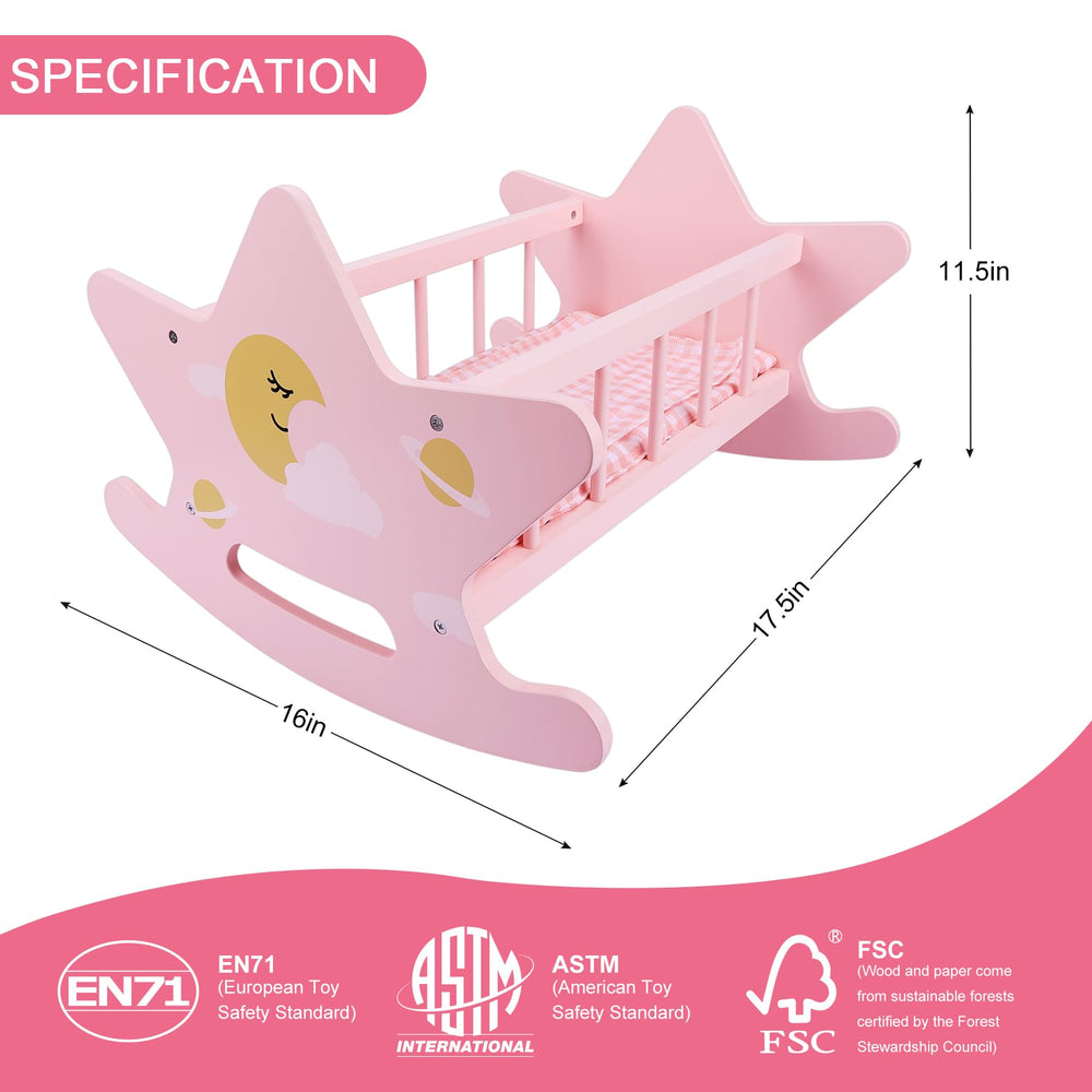 Offelec pink doll bed open with a doll for imaginative play.