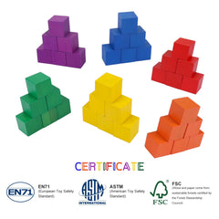 Offelec wooden cubes in bright colors ready for stacking.