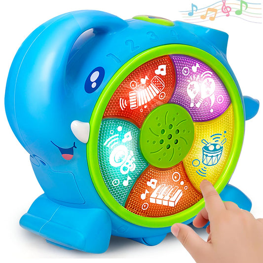 Officygnet Musical Elephant front buttons play melodies with colorful lights for sensory learning.