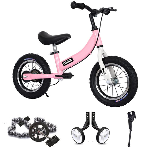 OHIIK Balance Bike 14-inch pink front view showing adjustable safety features