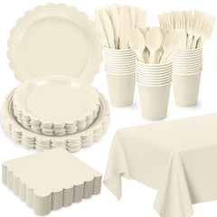 Oigco ivory 9-inch dinner plates with beige scalloped edges for elegant event dining.
