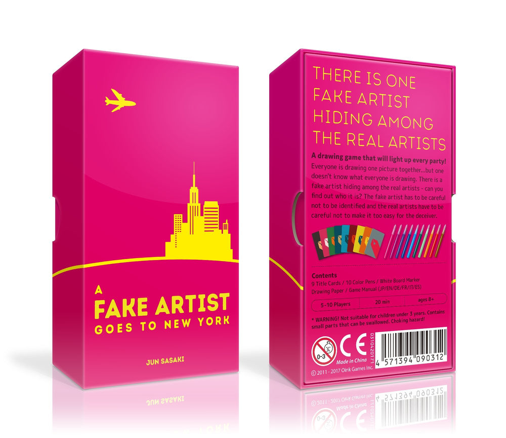Oink Games A Fake Artist Goes to New York components arranged for quick setup
