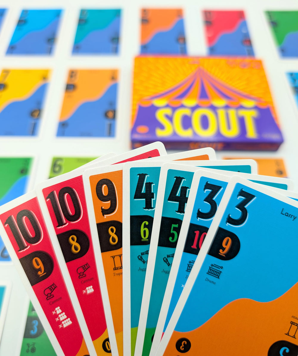 Oink Games SCOUT gameplay setup with table action showing quick play appeal