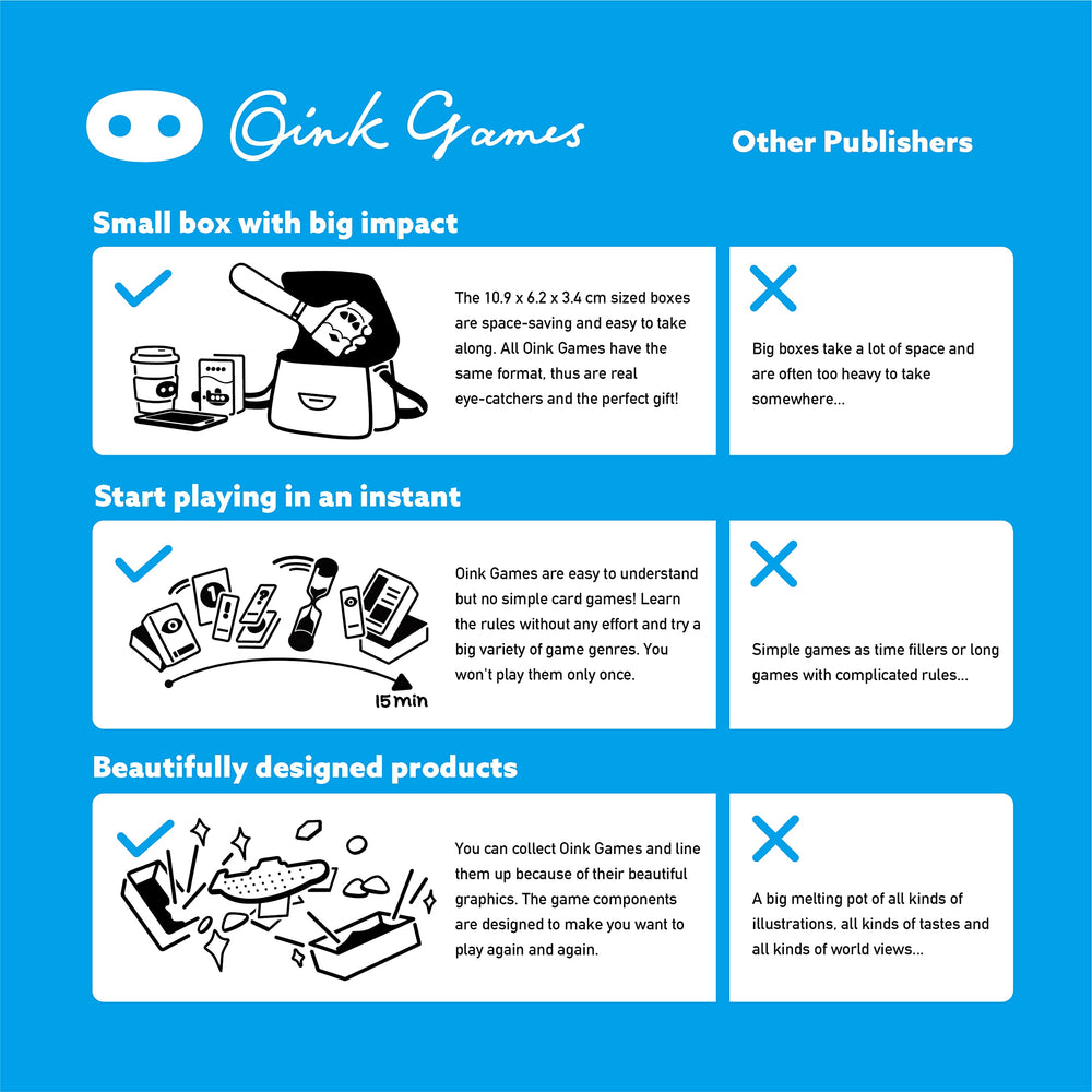 Oink Games card detail with readable text highlighting easy setup benefit