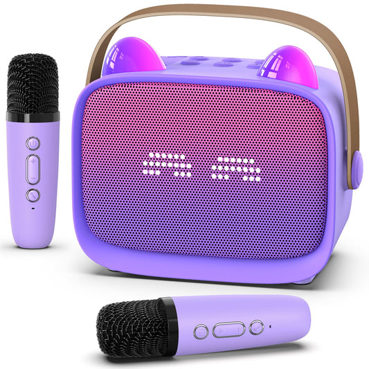 Okaloka mini karaoke machine with two wireless mics for duet fun at home.