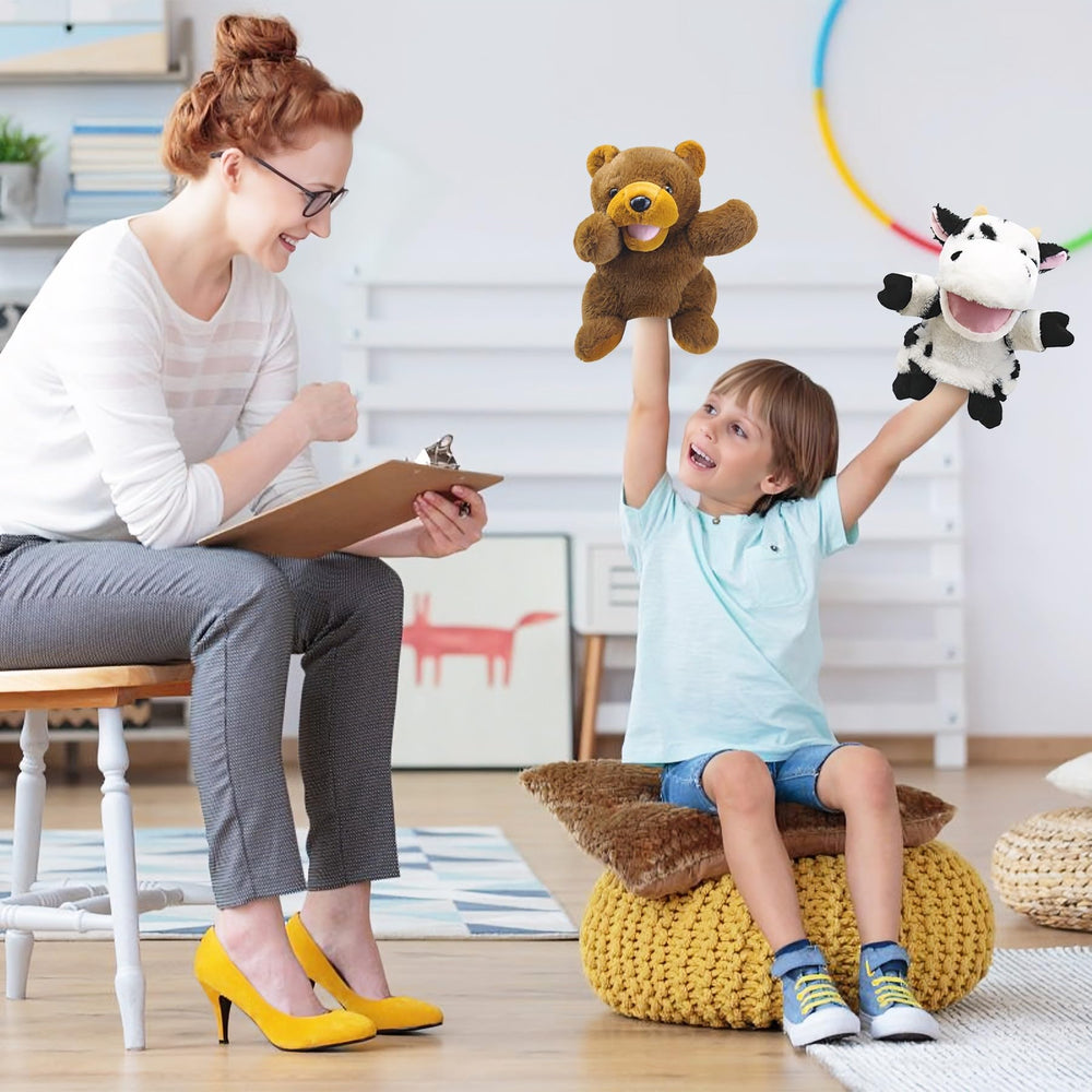 Okegztoa cow hand puppet promotes playful farm role-play and learning.