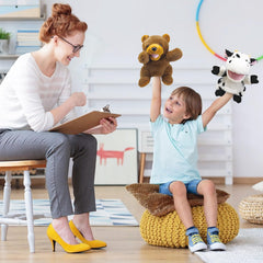 Okegztoa cow hand puppet promotes playful farm role-play and learning.