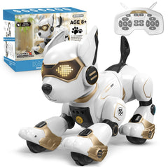 okk Robot Dog front view with friendly LED eyes and inviting pose for imaginative play.