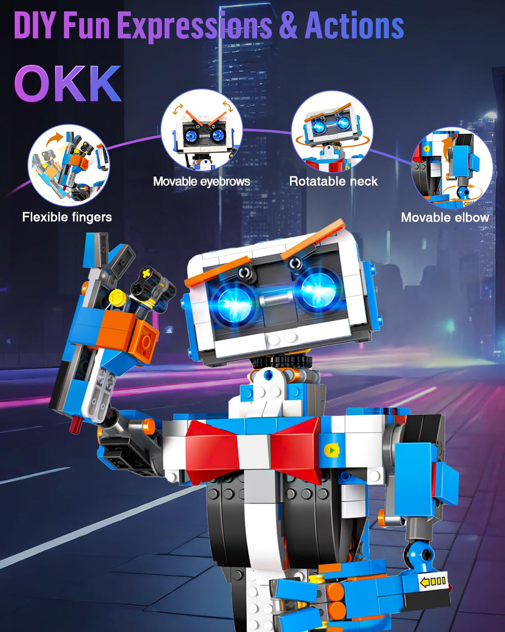 okk STEM robot toy expressive-face close-up highlights eyes and expressions.