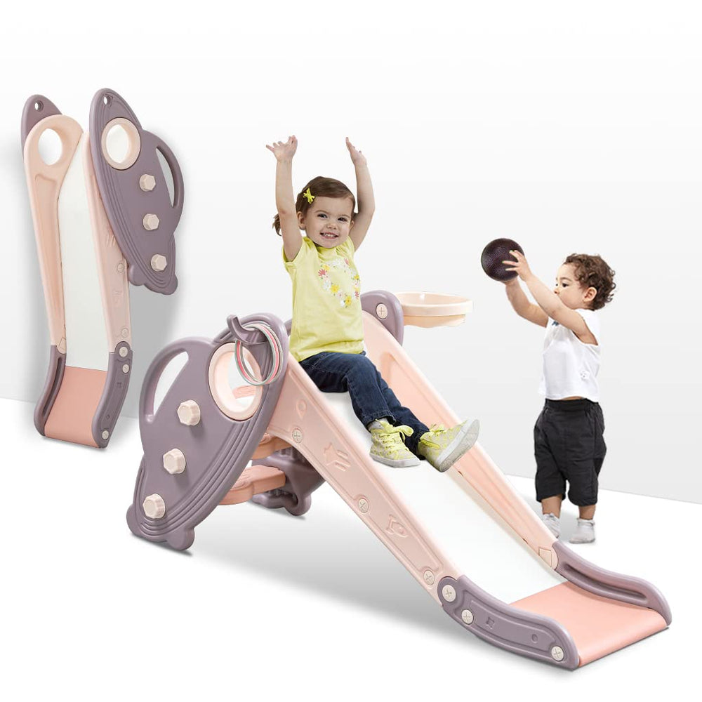 Onasti pink kid slide for indoor-outdoor use, safe toddler play.