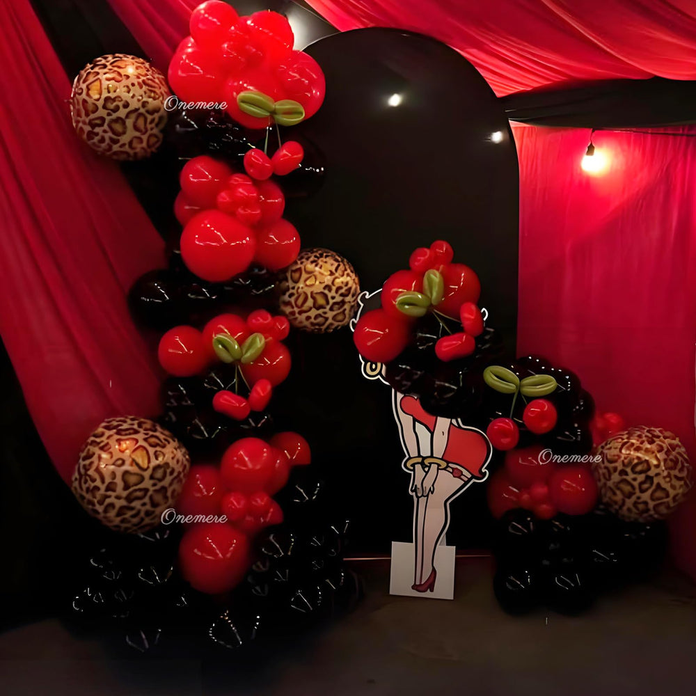 Onemere red and black balloons arch kit on display as a bold centerpiece.