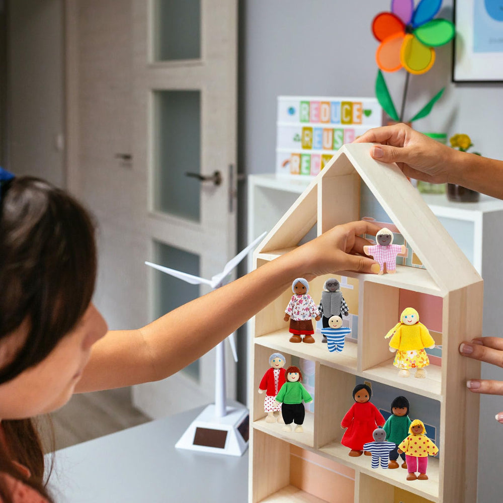 ONEST wooden dollhouse figures set up for pretend play in classroom or home