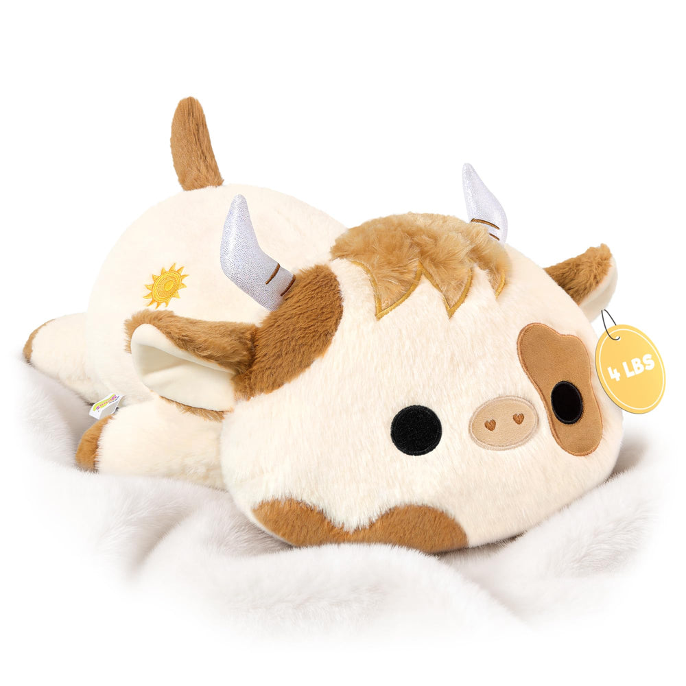 Onsoyours Highland cow plush 20in side view for soothing weighted cuddles and cozy relaxation.