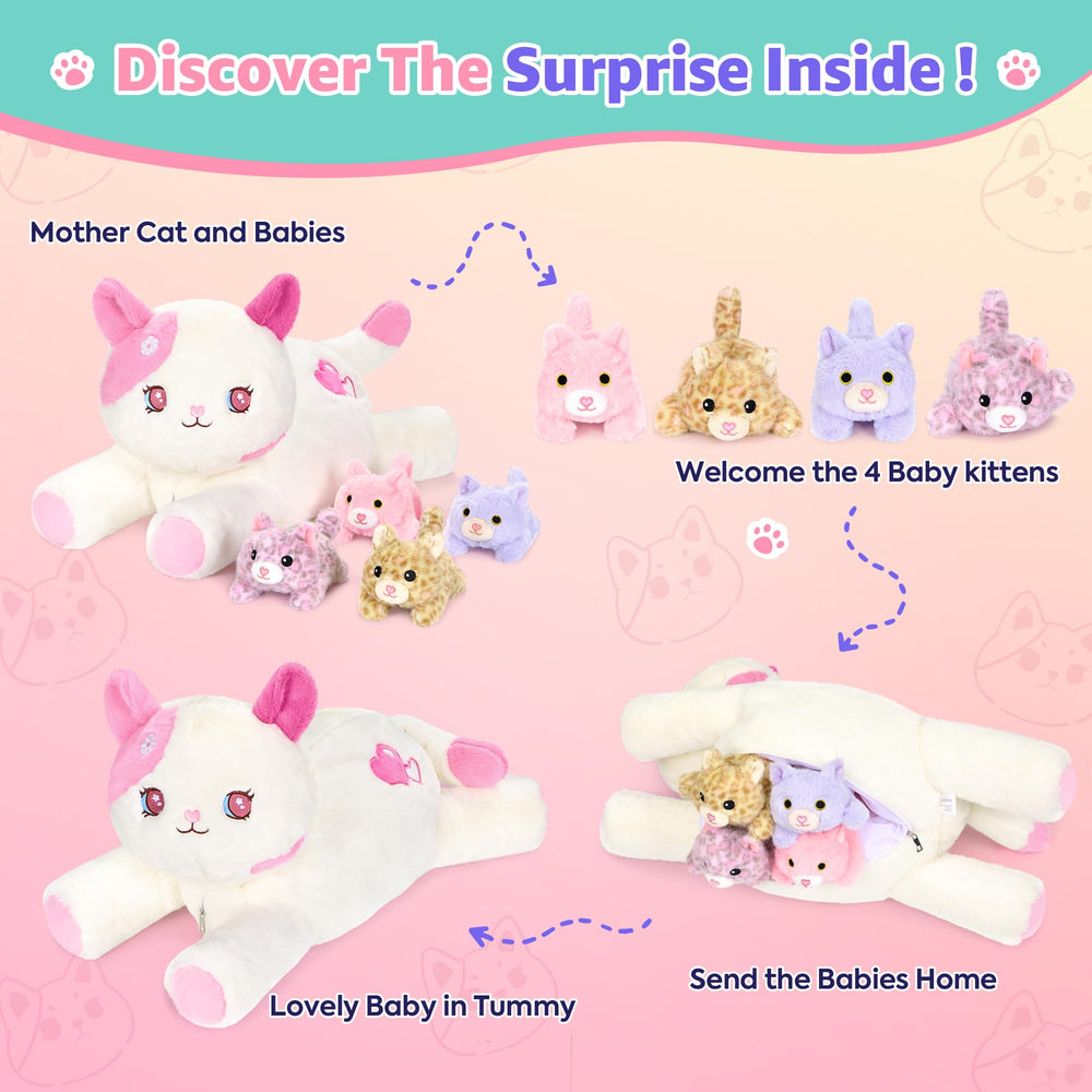 Pink Sakura cat plush with unzip belly revealing four kittens for interactive fun.