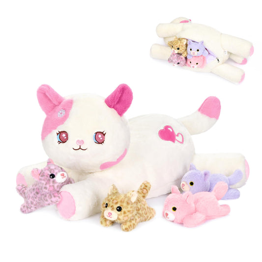 Onsoyours Sakura mom cat plush with four babies ready for cozy snuggles.