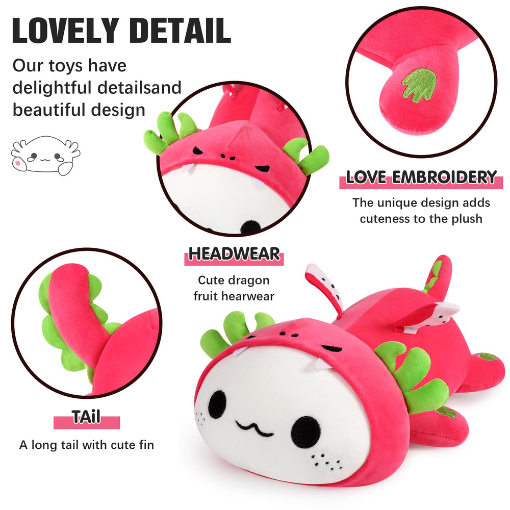 Onsoyours axolotl dragon fruit plush on bed adds cute decorative charm.
