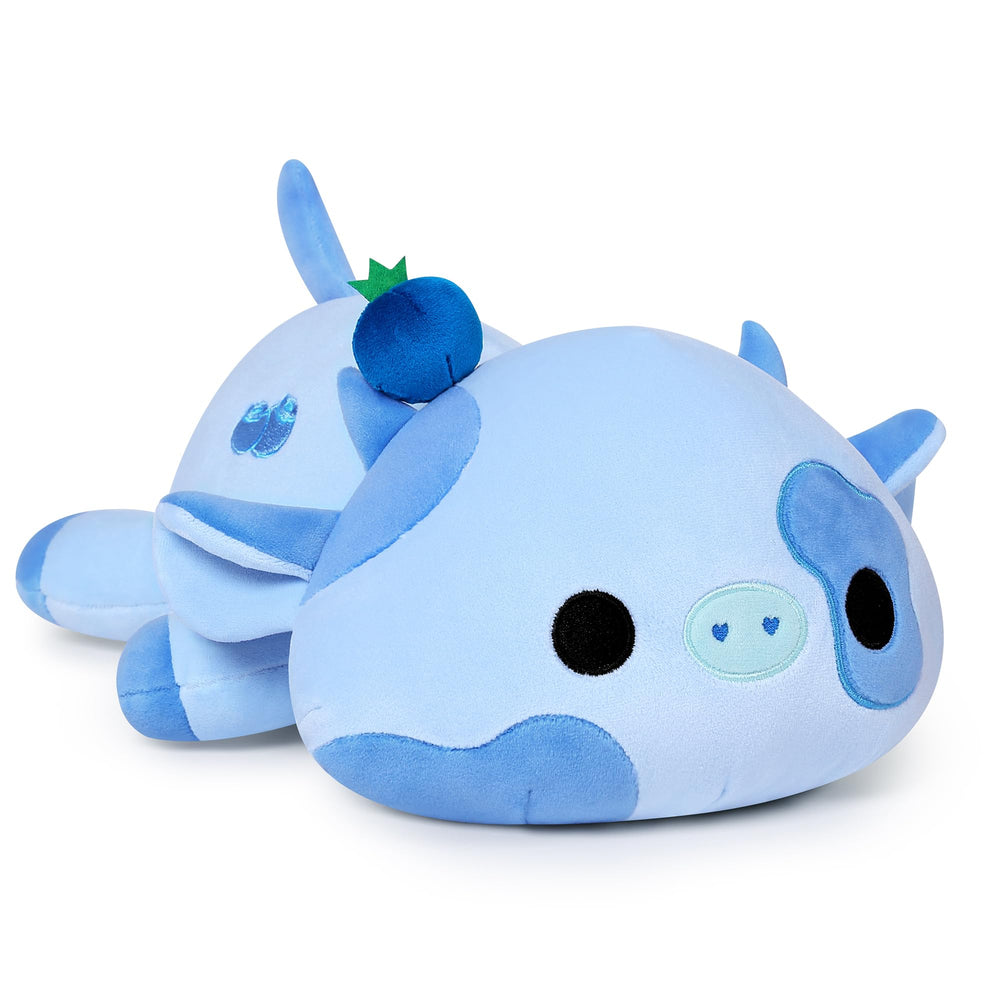 Onsoyours blueberry cow plush full view showing a cozy cuddle buddy.