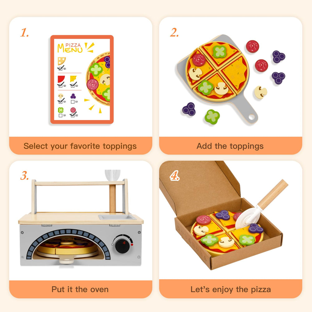 OOOK pizza shop menu image invites kids to role-play taking orders.