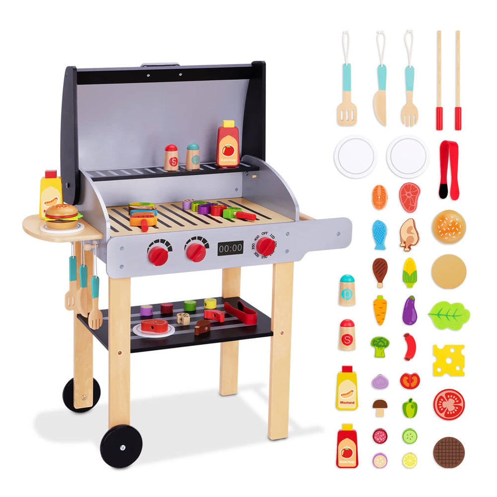 OOOK wooden play barbecue grill in a sturdy setup for imaginative outdoor pretend cooking.