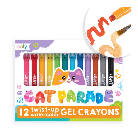Ooly Cat Parade Gel Crayons 12-pack with bold colors for glass and paper projects.