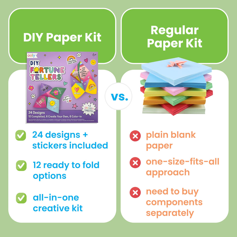 OOLY DIY Paper Kit with 12 predesigned fortune tellers for quick activities.