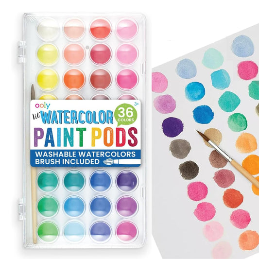 OOLY Lil' Watercolor pods in a 36-color box for vibrant art