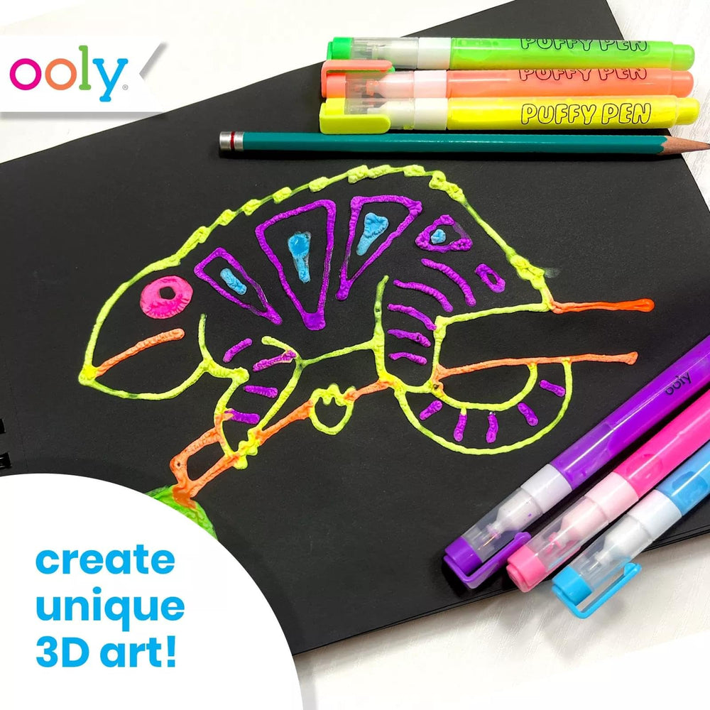 Kids create textured 3D art with safe Puffy Paint pens.