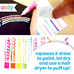 Portable packaging keeps Ooly Puffy Paint neon pens organized.