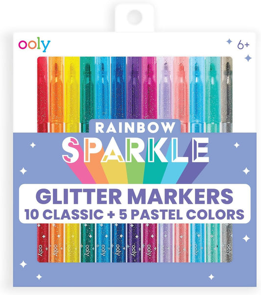 Ooly Rainbow Sparkle markers 15 with glitter ink for vibrant art projects.