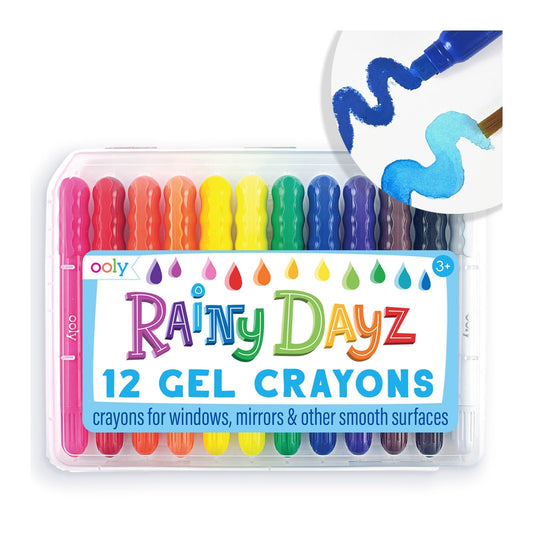 OOLY Rainy Dayz Gel Crayons set for glass and paper in vibrant colors.