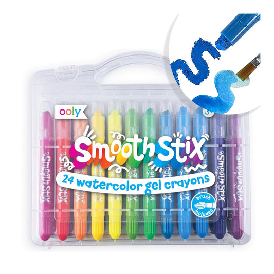 Ooly Smooth Stix Gel Crayons offer 24 vibrant colors for bold artwork on paper and glass