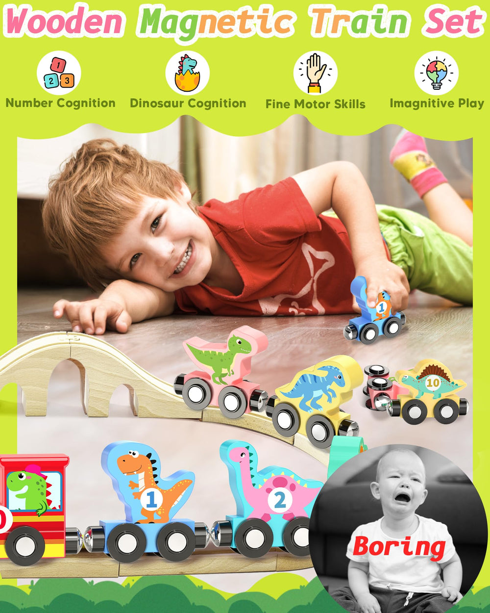 Oomloid dinosaur train cars 0–10 connect with magnets for coordination.