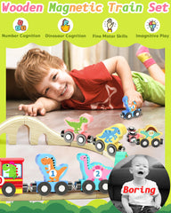 Oomloid dinosaur train cars 0–10 connect with magnets for coordination.