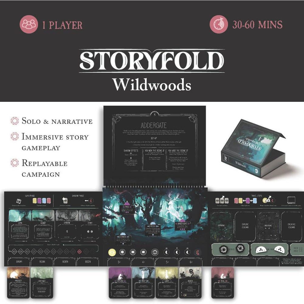 OOMM Games Storyfold Wildwoods solo setup image shows quick start readiness.