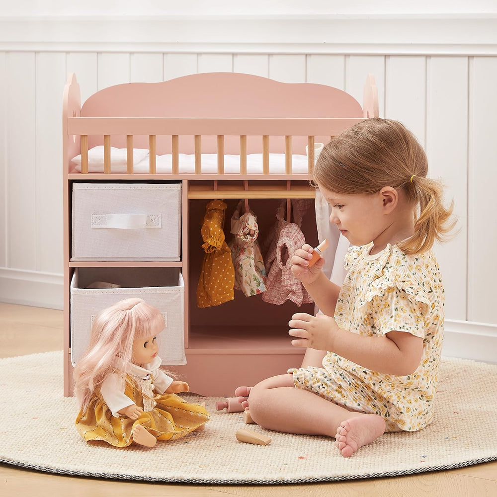Two storage drawers help keep tiny doll accessories organized after play.
