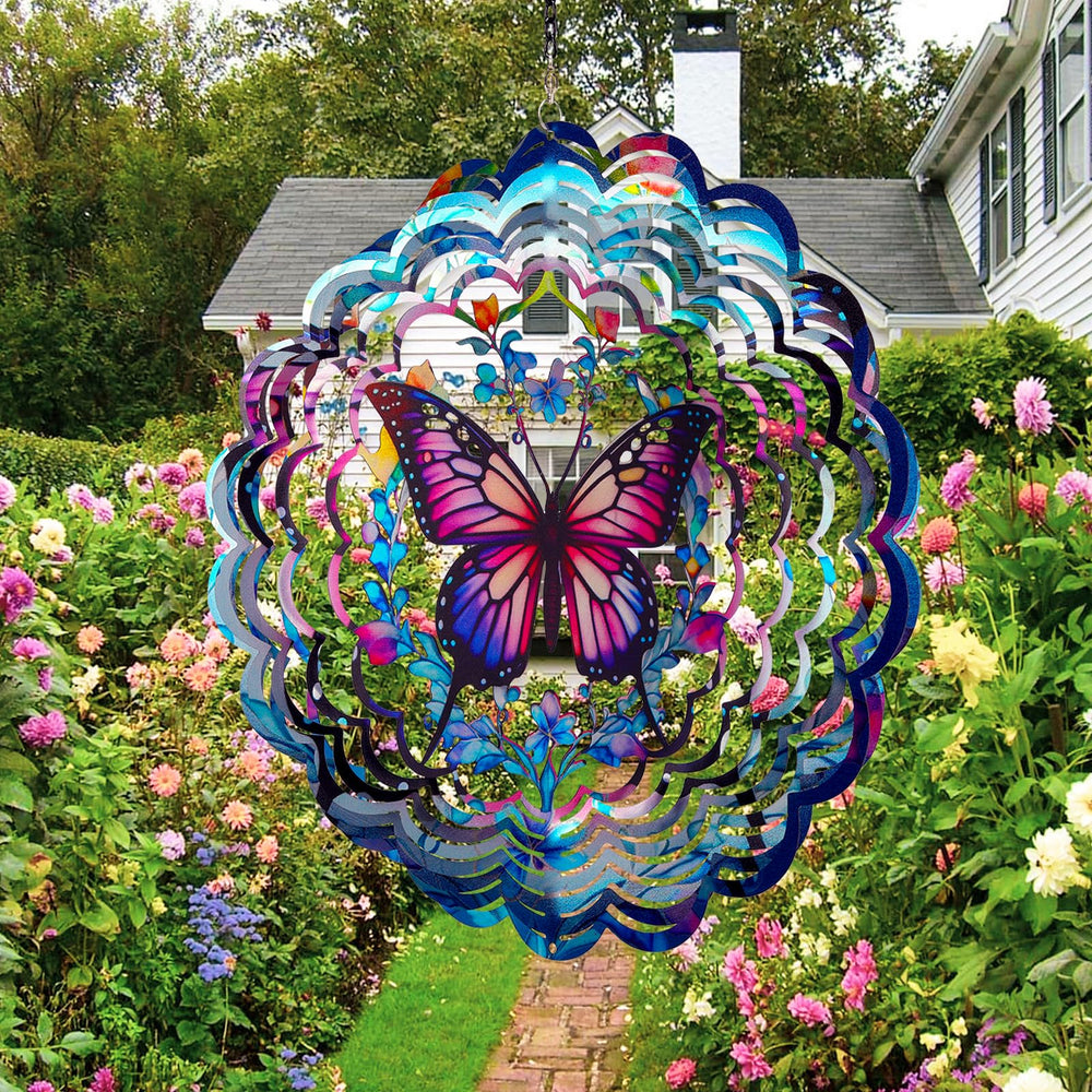 Opjoy butterfly wind spinner enhances garden decor with vibrant movement in sunlight.